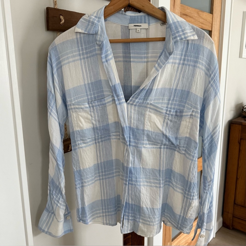 Vince Bar Plaid Popover Soft Flannel Blouse Cotton Viscose Blue/White XS EUC